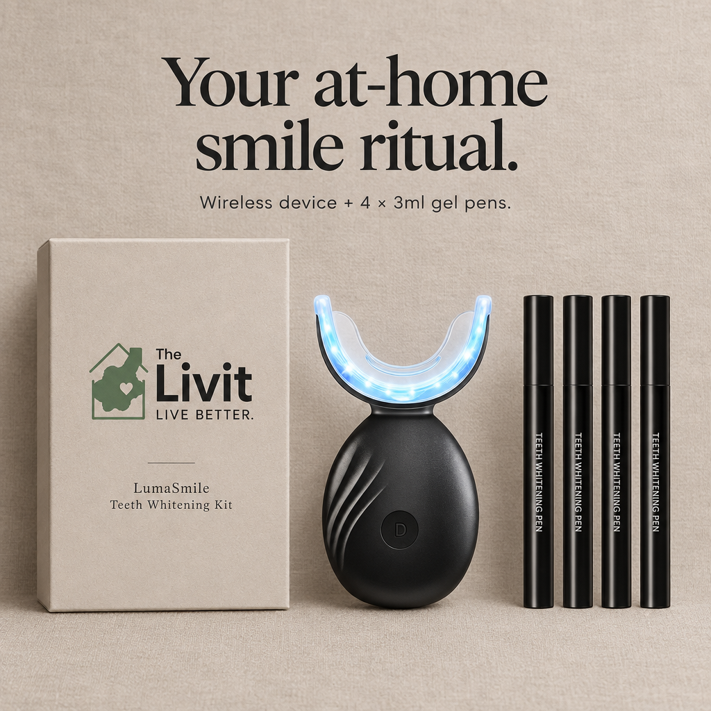 At-home smile ritual flat lay with supplied The Livit logo